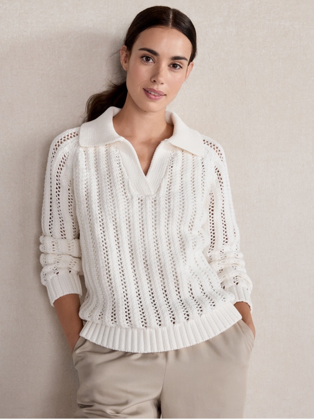 Haven Well Within Open Stitch Johnny Collar White Iconic Sweater